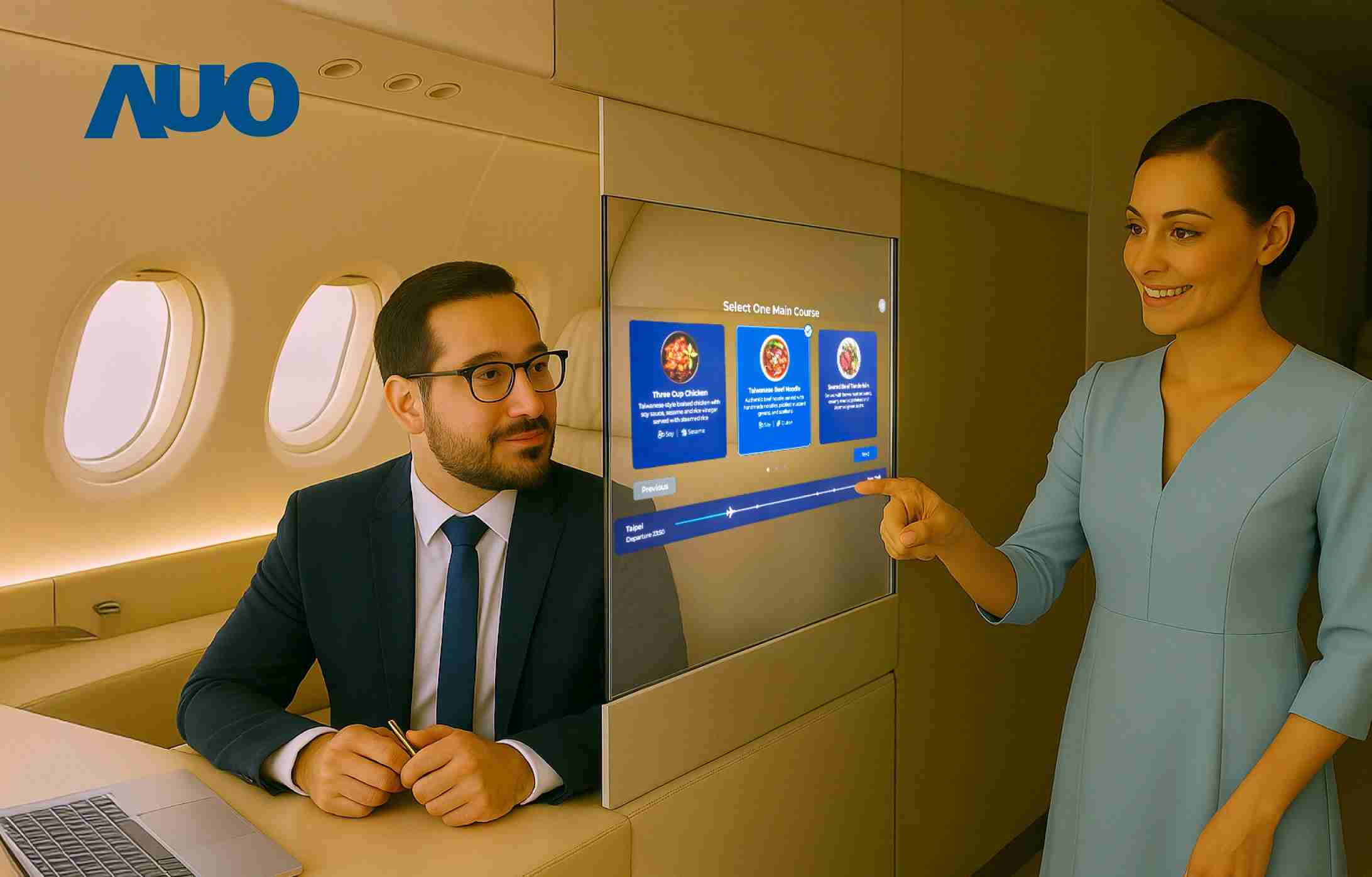 银河集团研发全球最薄17.3 吋双面透明 Micro LED 显示器，，，可在同一屏幕之双边投射不同信息，，，创造独特的”透明化”互动；图为实时翻译交流应用情境